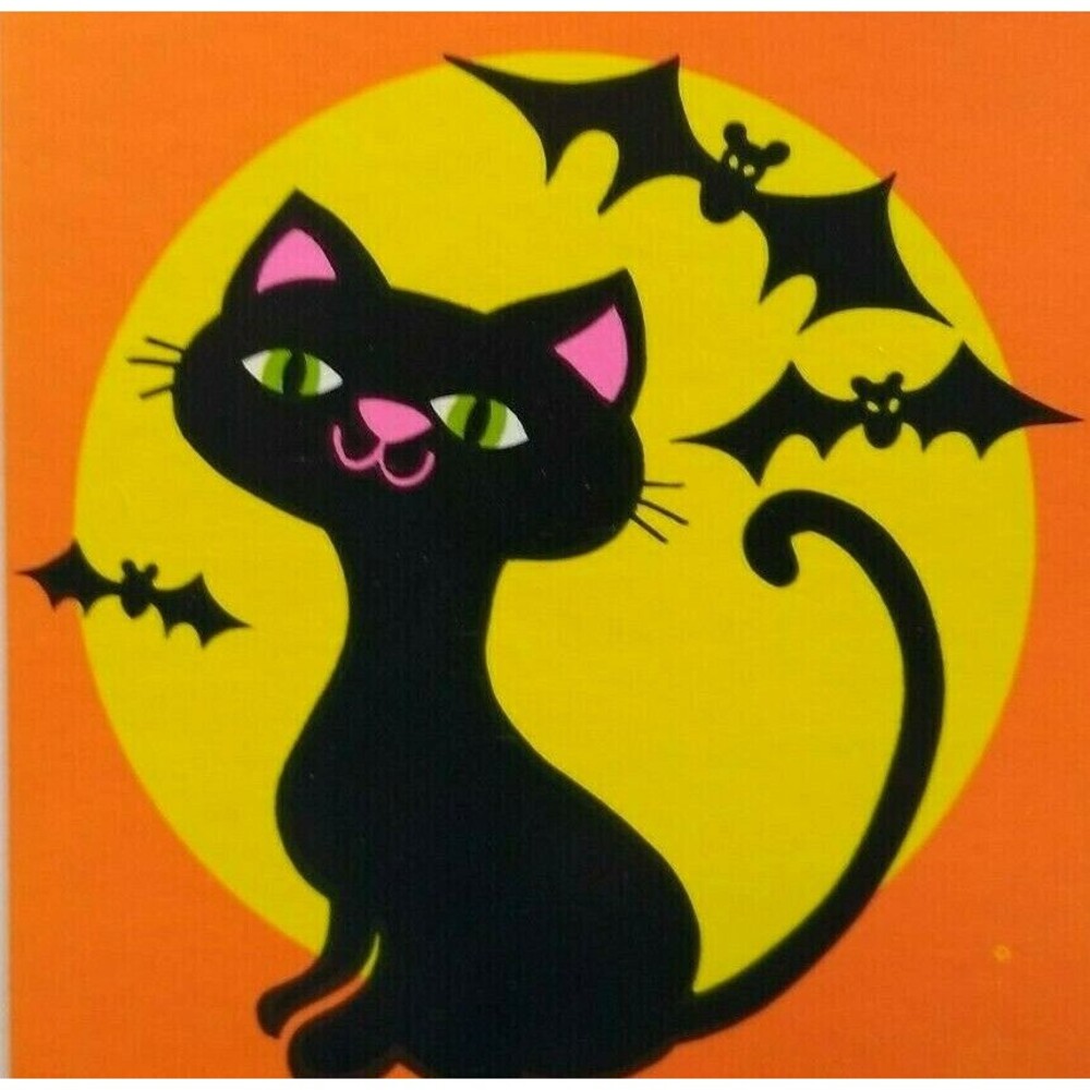 Halloween Greeting Card Vintage Party Invite Black Cat With Bats Rust Craft